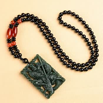 催雪和田玉关公吊坠男款武将关羽青玉挂件男生霸气玉牌玉项链 镂空