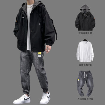 【三件套】gxmy 外套男2022春秋季潮男穿搭套装男装搭配一套帅气衣服男学生潮牌夹克男装 128黑色+内搭白t+D903灰色 XL【120-140斤】