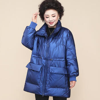 雅鹿中老年羽绒服女中长款加肥加斤中年人胖妈妈冬装外套衣服蓝色羽绒