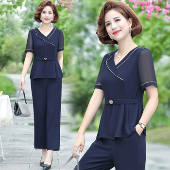 孜颜中年妈妈装夏装中老年女装短袖套装时尚新款4050岁洋气衣服两件套