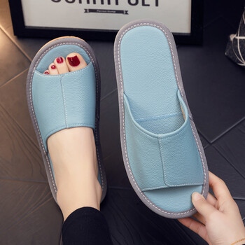 男女夏新款家居室内防滑软底真皮家用防臭试衣间拖鞋蓝色25适合3536码