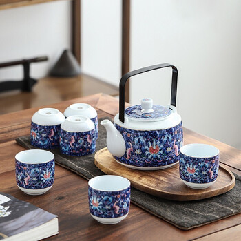 锦上添花釉下青花瓷景德镇陶瓷茶具套装整套家用中式古典复古提梁壶