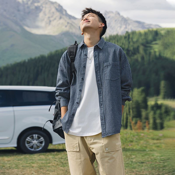 zhmimi搭配日系复古条纹衬衫男士春秋新款宽松休闲上衣长袖牛仔牛仔蓝