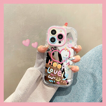 韵宁 镜面少女心粉色英文爱心适用苹果14pro手机壳iphone13带镜子手机