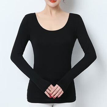大u领打底衫长袖女春秋薄款紧身修身t恤内搭大领口低领秋衣黑色s