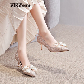 香槟色高跟鞋女细跟2022年新款春夏尖头浅口单鞋蝴蝶结婚鞋小皮鞋香槟