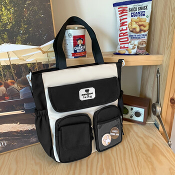 统冠复古撞色大容量单肩包软妹少女手提斜挎包学生上课书包通勤托特包