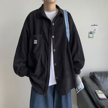 菅田将晖穿搭灯芯绒衬衫外套男ins春秋宽松痞帅韩版百搭长袖衬衣 黑色