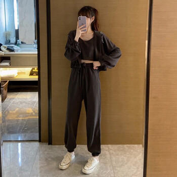 小个子学生上衣服 深灰色三件套套装>休闲装女早春女卫衣春秋春秋百搭