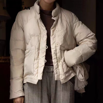 羽绒服女2023新款立领休闲百搭小个子韩系羽绒服短款白鸭绒外 米白色