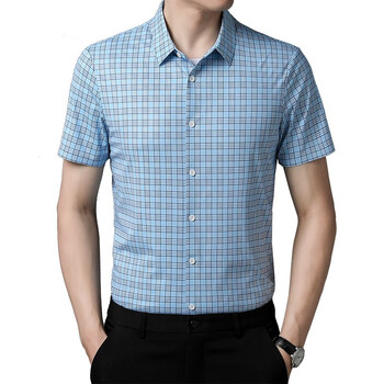 鹿王马丁男士清爽条纹衬衫夏季商务免烫格子短袖衬衣男抖音同款橦华