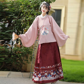 少女圆领马面裙汉服正版原创全套女古风汉服粉色上衣刺绣中衣红色马s