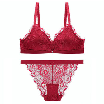 内衣女聚拢无痕性感蕾丝文胸套装薄款红色结婚本命年胸罩 酒红色文胸