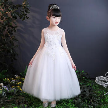 生日毕业合唱儿童夏连衣裙女童白纱裙演出公主裙白色长裙2801款120cm