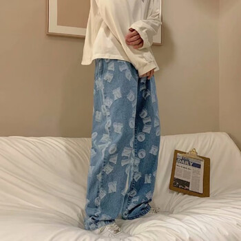 klob2023新款马思唯同款裤子高街ins潮牌hiphop美式印花浅色牛仔裤