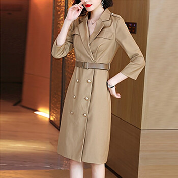 恒源祥时尚优雅气质连衣裙女2021年秋冬装新款时髦简约百搭高腰显瘦减龄连衣裙女装潮 卡其色 M