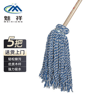 魅祥 蓝白拖把（5把）木柄墩布棉线地拖把老式拖布