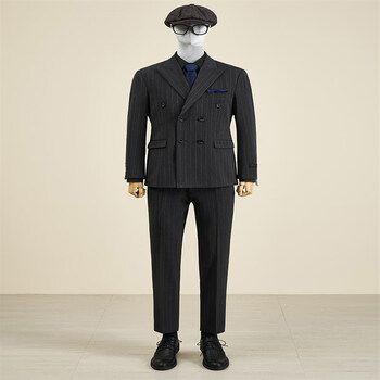 兹仕猫条纹双排扣西服套装男士轻奢正装复古英伦西装新郎结婚礼服 三