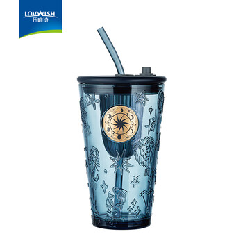 乐唯诗（LOVWISH）小众ins咖啡杯欧式复古蓝浮雕孔雀玻璃杯中古家用水杯牛奶果汁杯 墨蓝星座吸管杯【金章】450ml1只