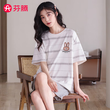 芬腾睡衣女款夏季薄款纯棉短袖套头大码宽松夏天可外穿家居服套装 FX26921970【短袖短裤丨女】 L 建议:女110-124斤,男126-146