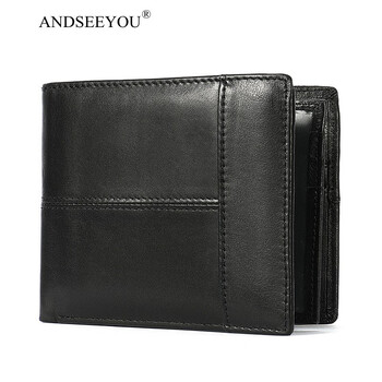 钱包男 防盗男士钱包钱夹短款头层牛皮多卡位2折皮夹零钱包 黑色