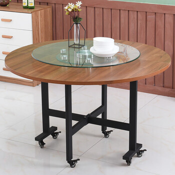 宏仪嘉木折叠大圆桌家用家庭餐厅餐桌组合圆形可移动带轮子餐台三折