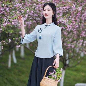 复古棉麻旗袍套装女装斜襟盘扣年轻版茶服两件套女民族风浅蓝色上衣xl