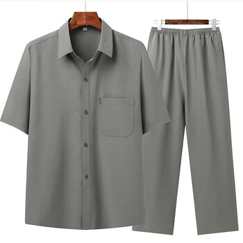 范华洛70岁老人夏季衣服中老年短袖衬衫男爸爸套装夏装爷爷夏天男士