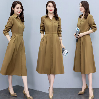 古地斯衬衫连衣裙女休闲百搭气质通勤设计感长裙女XSL3370 卡其色 L 