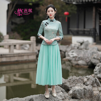 慕芭琪旗袍女套装中式复古民国风改良气质修身显瘦旗袍上衣女两件套 水绿色上衣+浅绿长裙319 M