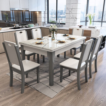 淘邦餐桌现代简约实木餐桌人造大理石纹饭桌家用长方形餐桌椅套装组合灰色1 3米一桌四椅 图片价格品牌报价 京东