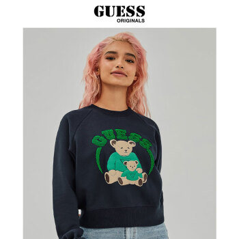 GUESS ×Originals女圆领小熊LOGO加绒卫衣-W1BQK9YH0 G7R1-深蓝色 XS