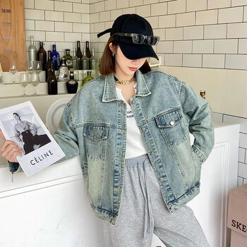 语诗晴实拍复古街头袖子拉链牛仔外套女2024春秋款宽松夹克上衣蓝色s
