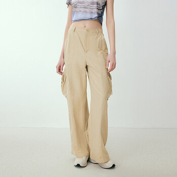 乐町宽松大口袋工装裤甜美透气直筒休闲裤女阔腿裤子 米驼（现货） L