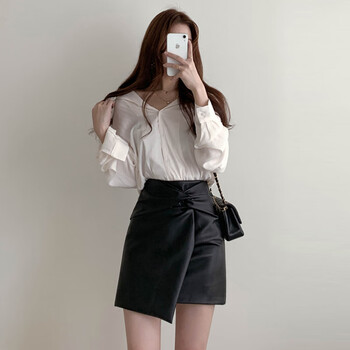 女士皮裙子短款一步裙冬天杏色小皮裙半身裙女秋冬皮高腰性感包臀裙一