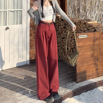 仟诗卡女裤子新款2023 网红 款牛仔裤女2023秋冬季红色高腰美 枣红色