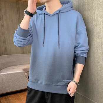 韩版潮流时尚渐变连帽衫休闲百搭印花长袖t恤上衣服男装ve5605雾霾蓝l