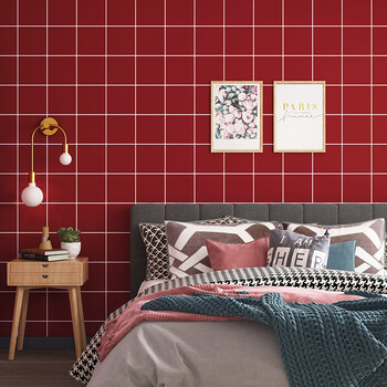 北欧 ins风网红店格子壁纸奶茶店服装店背景墙大红色方格墙纸网格