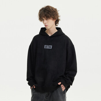 BACK TO WILD 连帽卫衣男春季麂皮绒休闲百搭外套嘻哈美式情侣款纯色帽衫BTW 黑色 XL