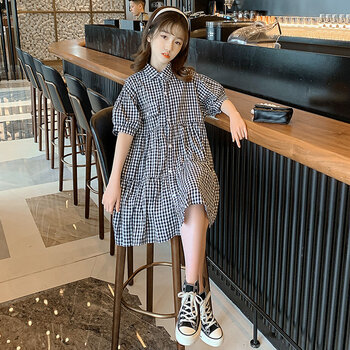 儿童公主裙子洋气2022新款韩版大童女装12到13岁女孩夏装格子衬衫裙