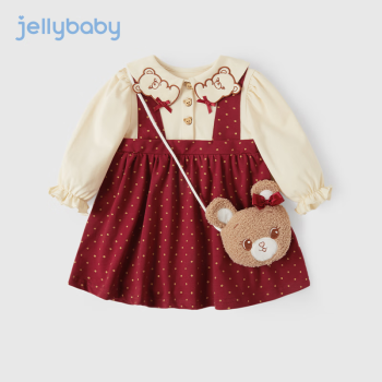 JELLYBABY【假两件】2024年春秋季新款女童婴幼裙子连衣裙时尚舒适 红色 90