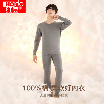 红豆（Hodo） 秋衣秋裤纯棉薄款套装 全棉圆领基础打底棉毛衫裤秋上新 男款青灰（圆领） L 170/95