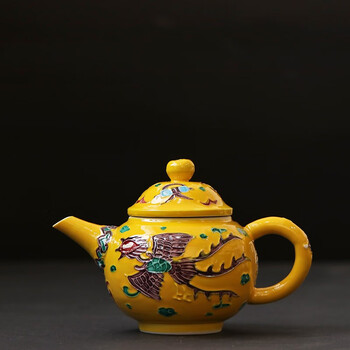 日本进口清水烧陶瓷泡茶壶昭阿弥黄交趾后手龙凤凰唐草纹急须壶款一