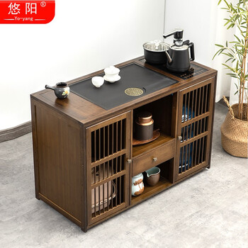 悠阳 移动茶台茶车家用茶水柜非实木小茶桌带轮茶几功夫茶具套装烧水一体泡茶柜 单个/胡桃色98长（双门带抽）乌金石+无盖板