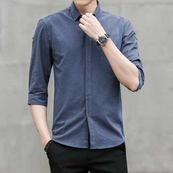2020新款纯棉衬衫男士七分袖韩版衬衣帅气修身衬衫藏青色2xl