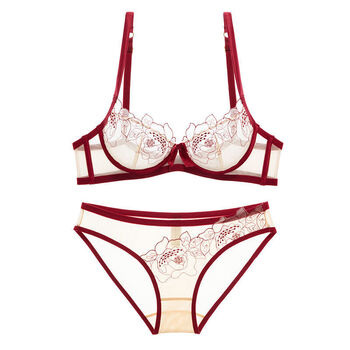 法式性感诱惑内衣女胸罩蕾丝网纱刺绣透明文胸酒红色套装36c80cl