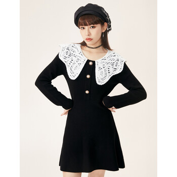 A21女装翻领长袖伞形短连衣裙 黑色 M