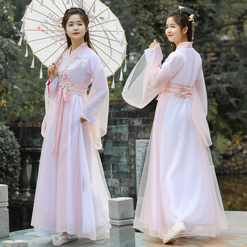 日常古装仙气汉服女学生夏粉色交领襦裙小个子古装舞蹈服中国风古筝