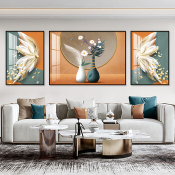 轻奢高端现代简约北欧客厅装饰画沙发背景墙挂画2022新款三联晶瓷壁画