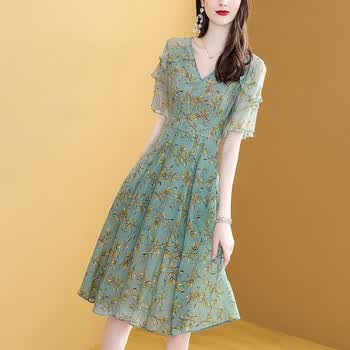 真丝连衣裙醋酸桑蚕丝中长款醋酸缎面宽松连衣裙夏季短袖夏天穿的裙子